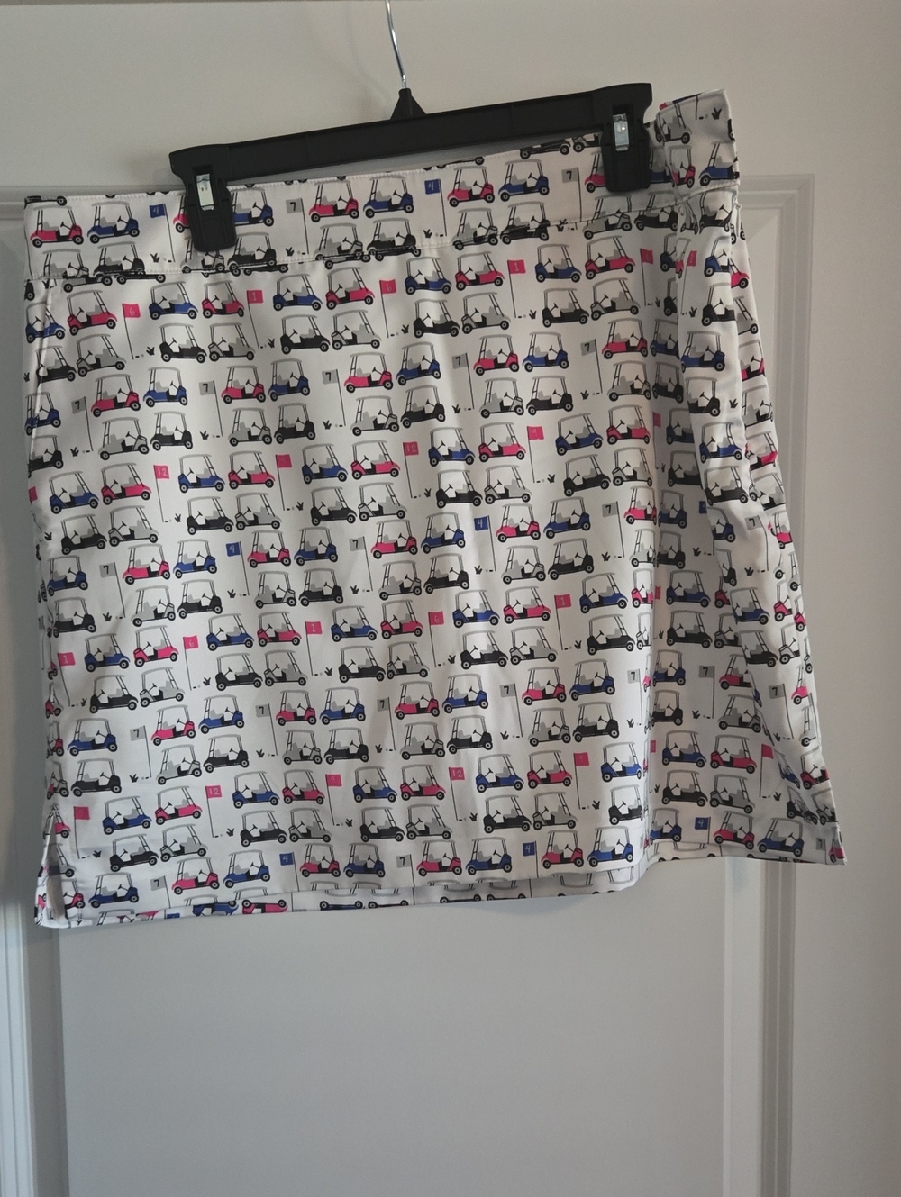 Izod White Mini Skort with Blue, Pink and Black Golf Cart Print